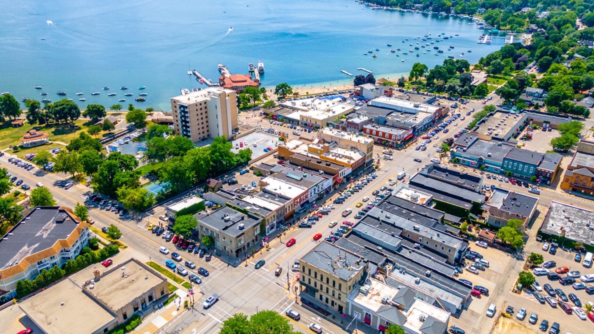Aerial view of downtown Lake Geneva, Wisconsin