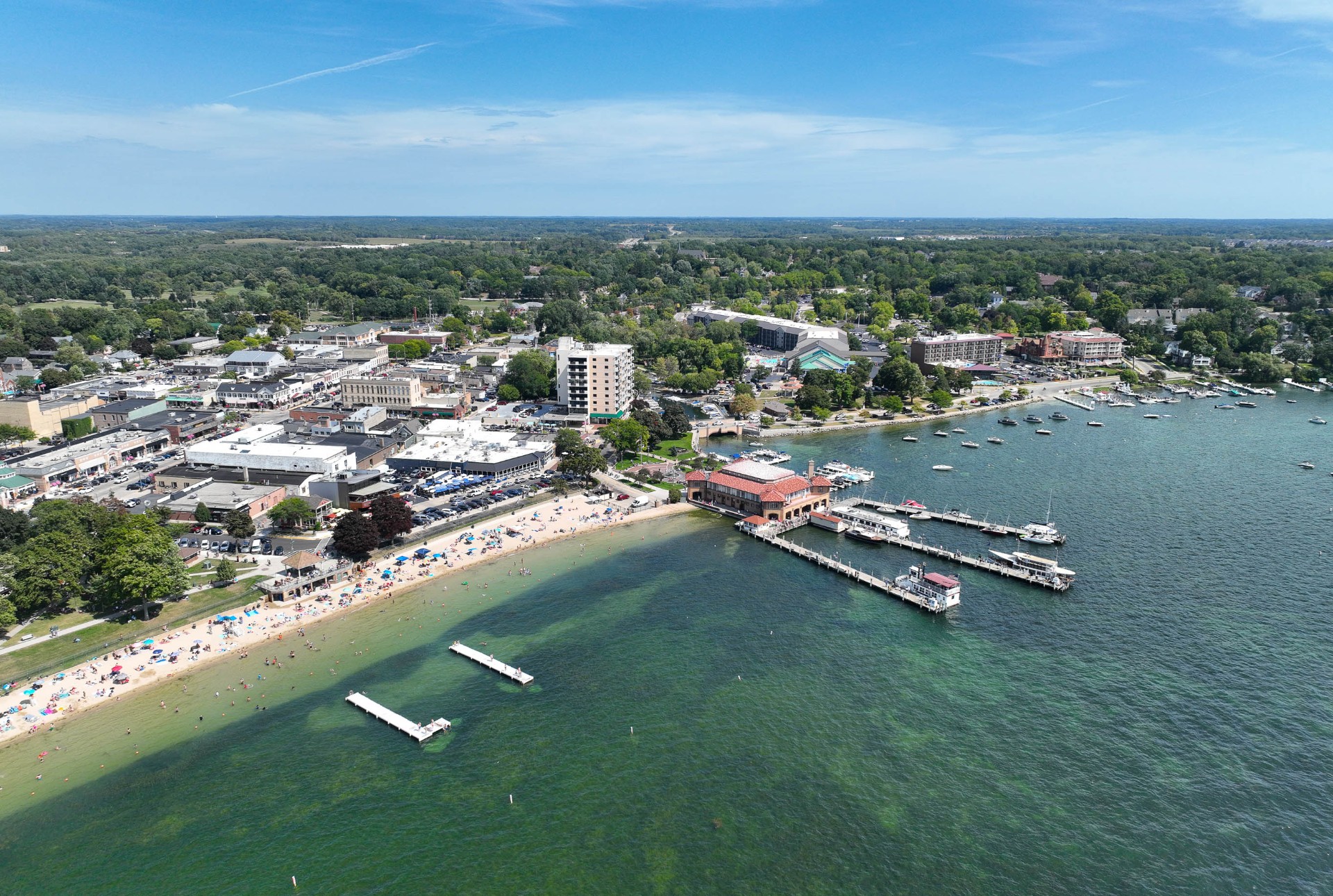 Aerial view of the harbor, Riviera and downtown Lake Geneva